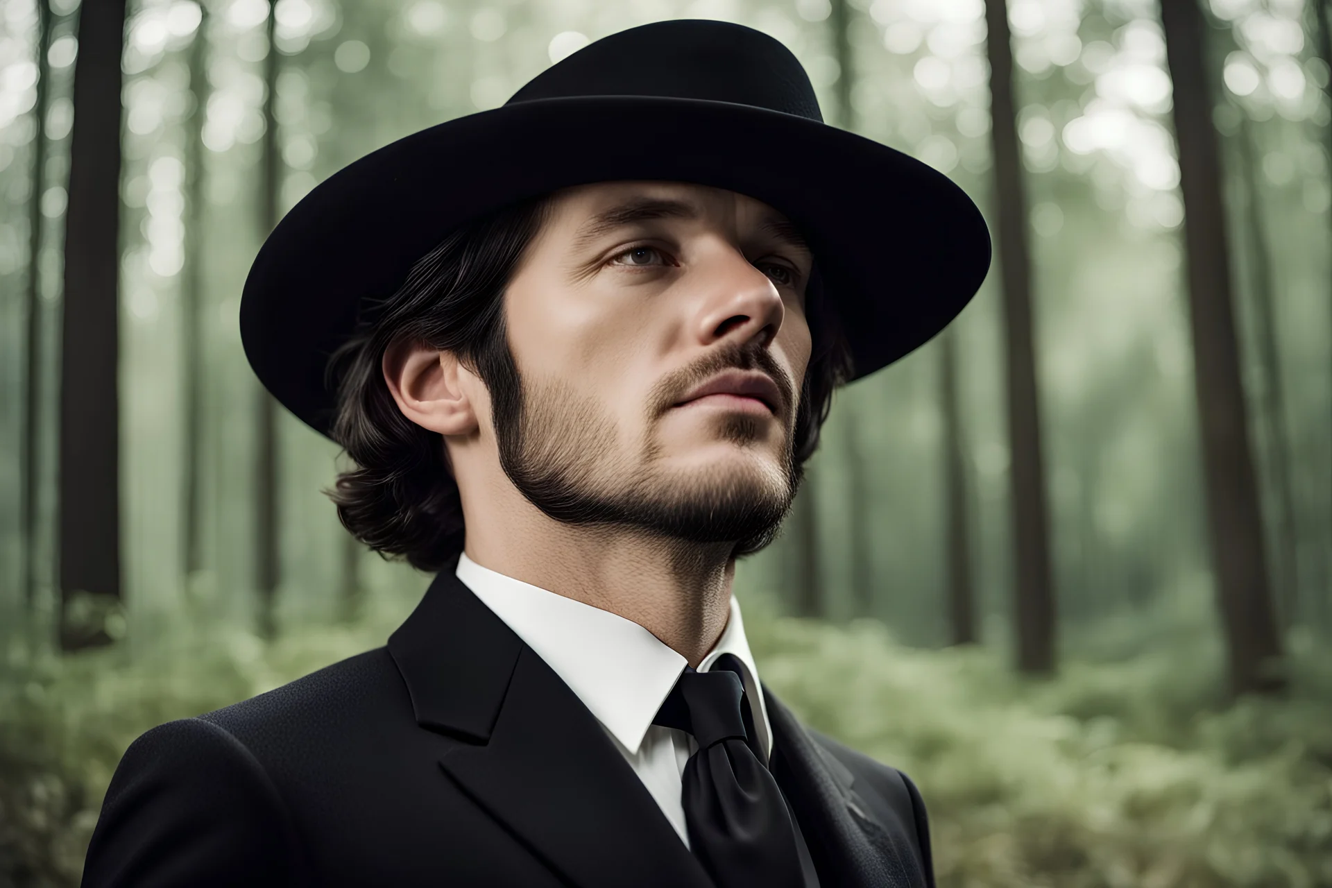 A man in a shoulder-length black suit. the man's head in profile to the right. The head is raised, looking up. the mouth is slightly open. On his head is a black hat. White collar. Forest in the background.