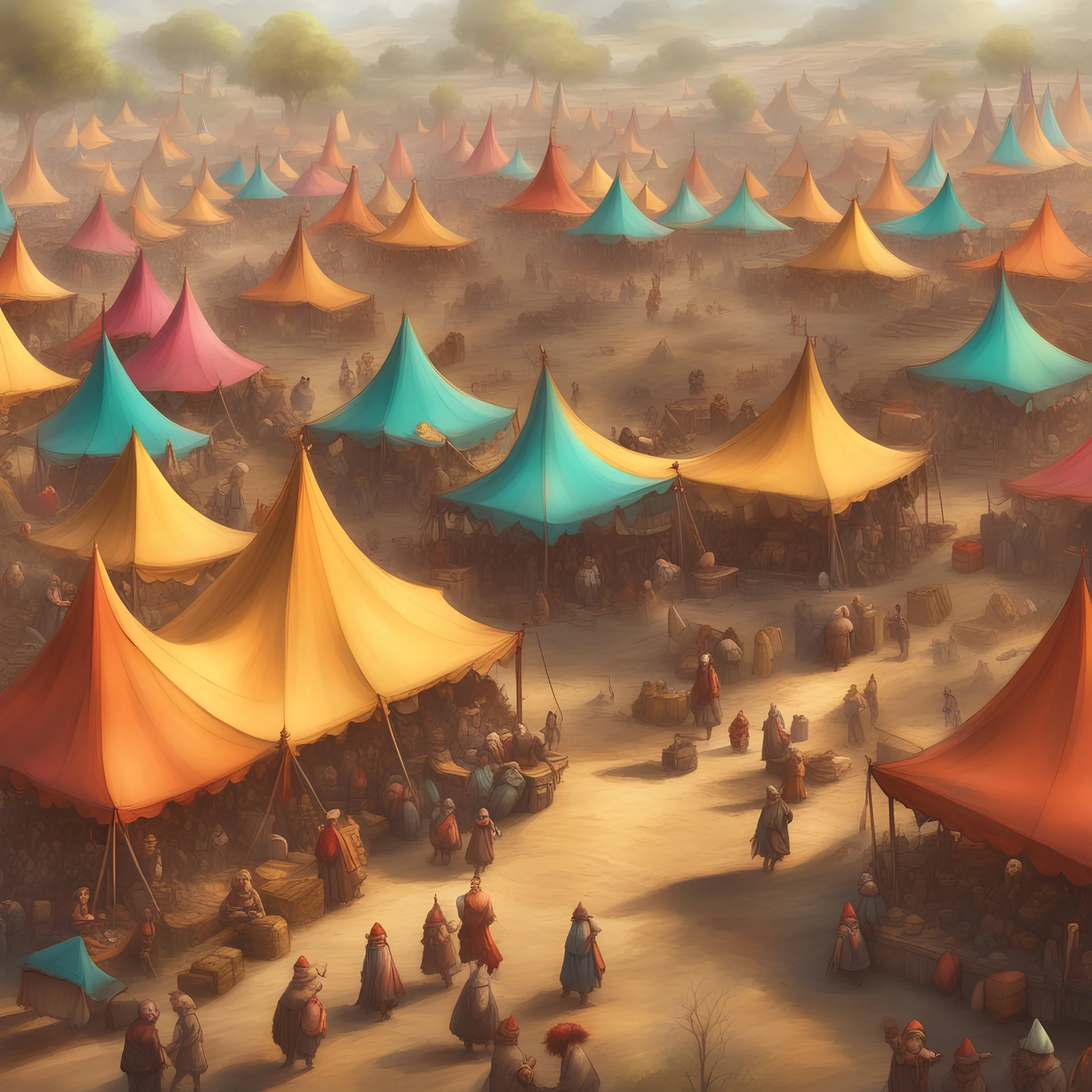 A sea of nomadic colorful tents and wagons, hedonistic gipsy gnomes gathered celebrating fantasy gathering festival, epic aerial matte painting, colored ink, DnD fantasy concept art, highly detailed