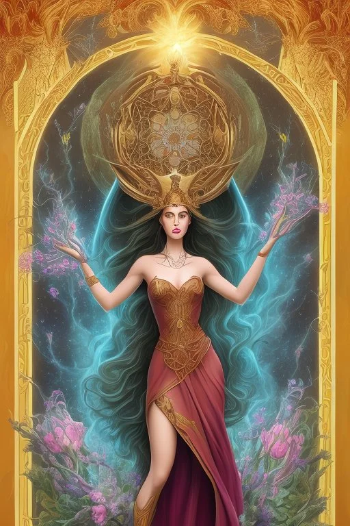 Create an image of a Wiccan Mayday Goddess. The goddess should be depicted as a beautiful and powerful figure, surrounded by symbols of the element of fire. Her hair should be long and flowing, and she should be dressed in a flowing gown or robe. In the background, include imagery of flowers, greenery, and perhaps a bonfire or other symbols of the Beltane celebration. The image should evoke a sense of joy, celebration, and spiritual connection to nature.