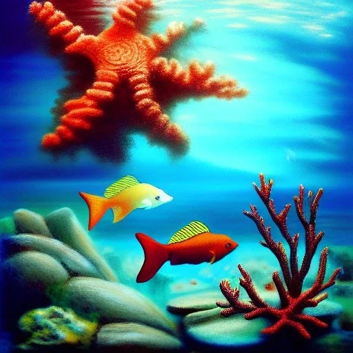 serene underwater scene, coral, fish, rocks, oil painting, by renoirm, pastel colors, masterpiece, intricate, cinematic lighting