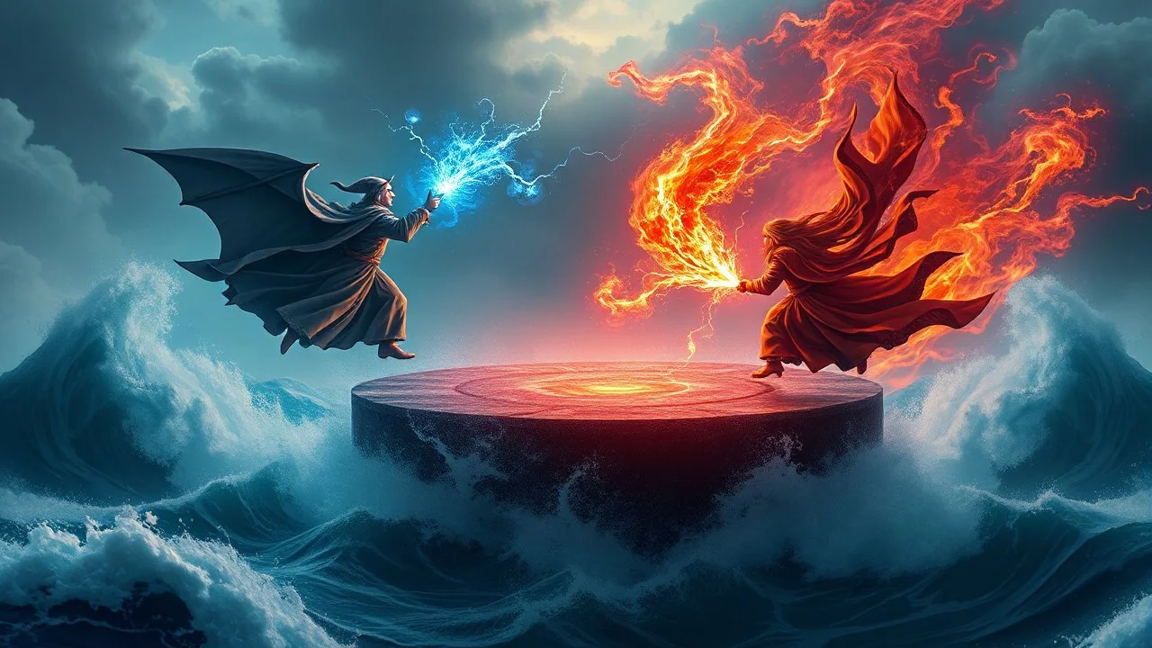 A magical duel between two wizards in a floating arena above a stormy sea, with colorful, electrifying spells lighting up the sky as waves crash far below. Photographic quality and detail, award-winning image, beautiful composition.