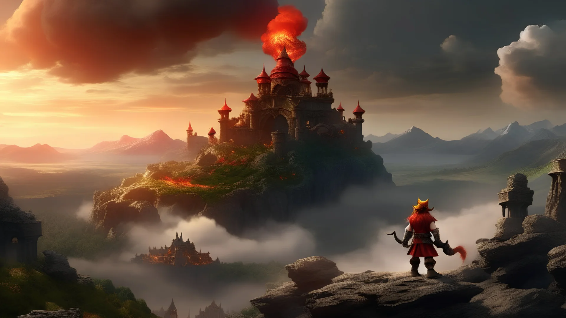 High quality medium shot of Mario on a hill, fantasy, epic, landscape, fire, ruins, dragon, demons, buff, backshot