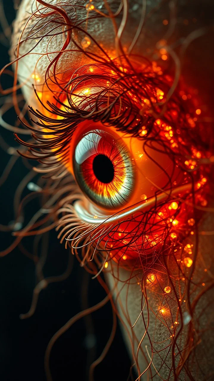 An eye made of tangled, glowing threads and sharp, beautiful shards of glass, vulnerable and strong, surreal anatomy, emotional