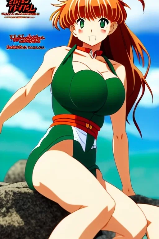 In the style of Rumiko Takahashi, hyper detailed, strikingly beautiful teen female, 16 years old, long ponytail, ginger hair, green eyes, medium freckles, full lips, full body, full face, b-cup breasts, athletic, centred camera, ignore NSFW, bikini, athletic, sitting,