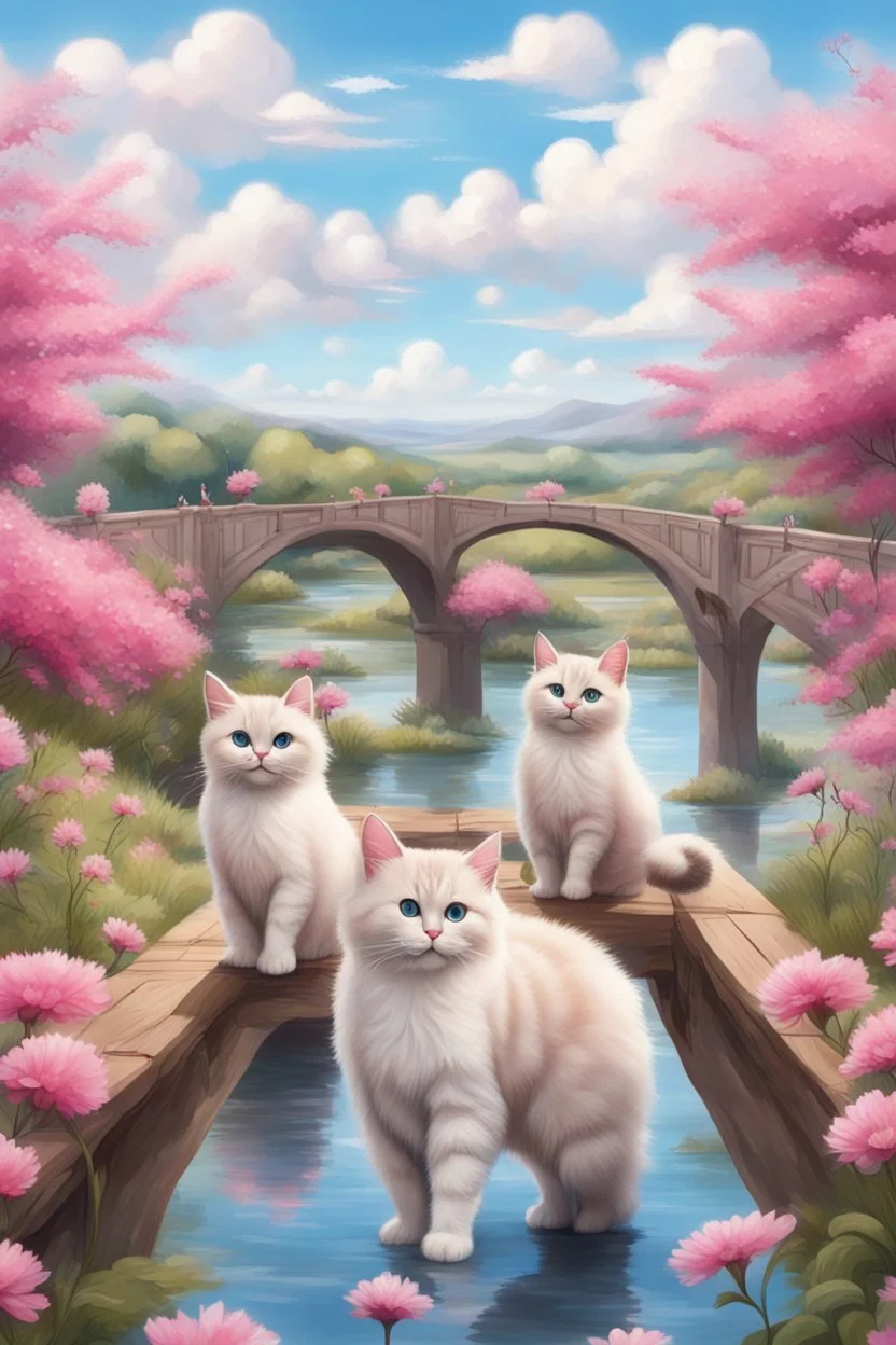 in the center: beautiful chunky cats dancing on a bridge , background: landscape, first plan: pink flowers and a small river with blue water, sky: white clouds with more cats sitting on them