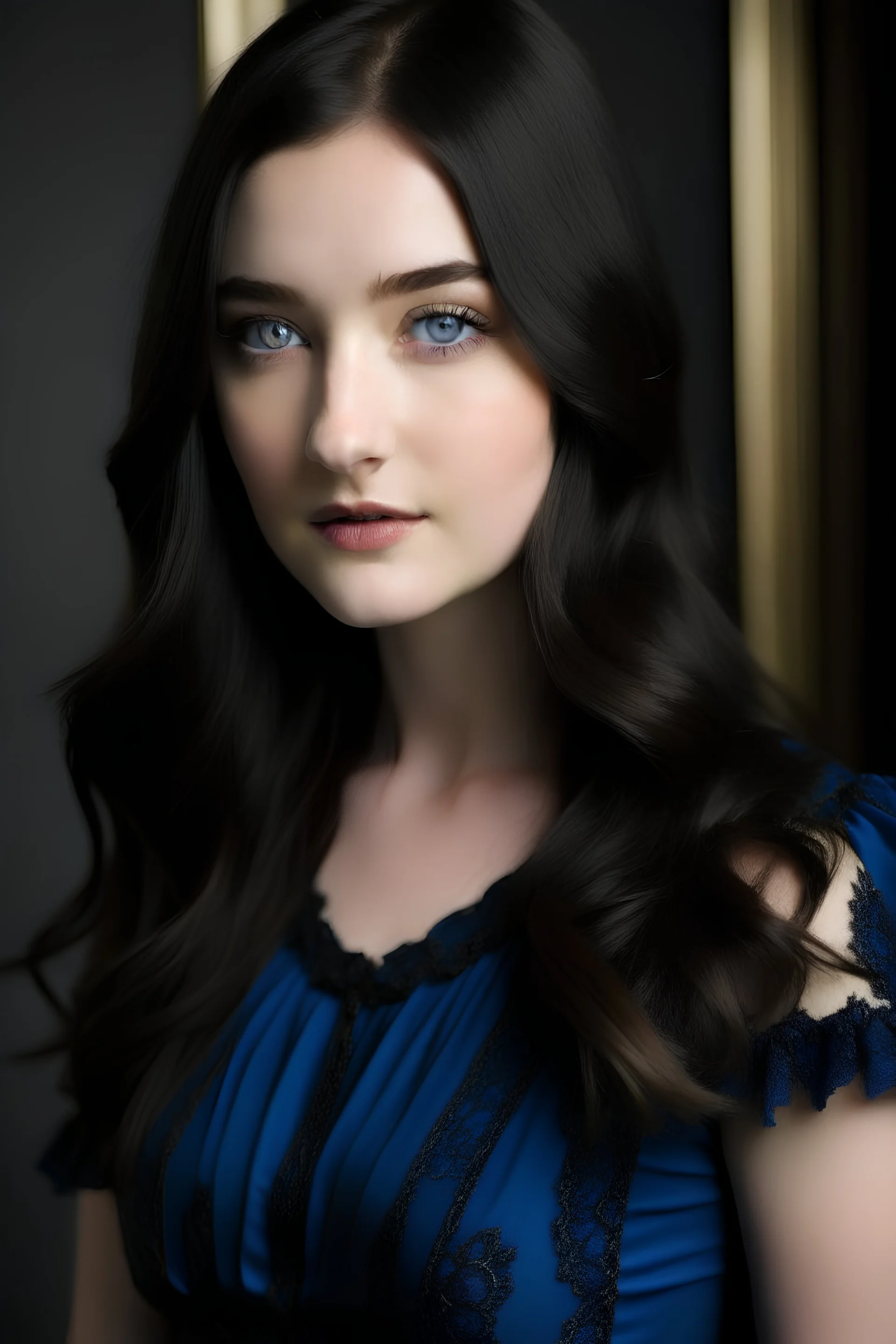 A girl in her late twenties, with slightly sharp features, long black hair and blue eyes, wearing a Chanel dress