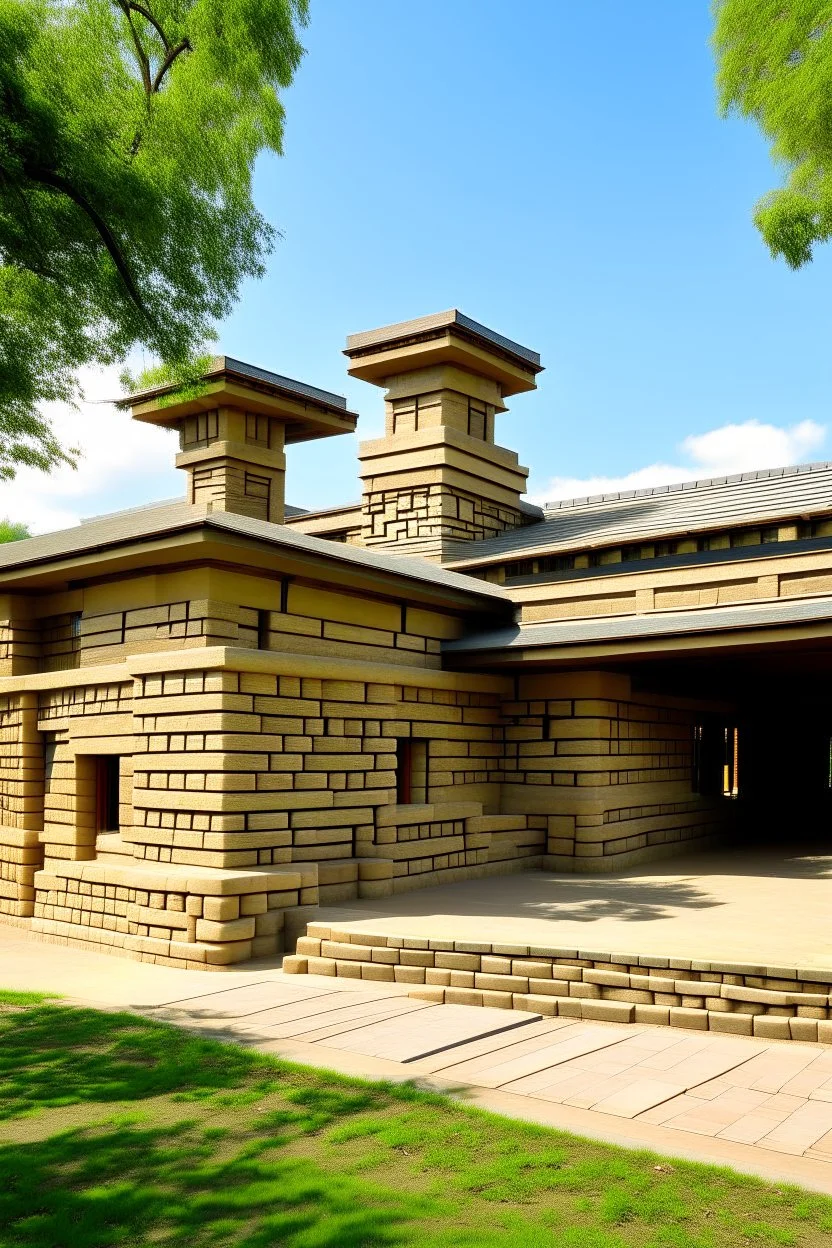 A tan stone nation with block shaped buildings painted by Frank Lloyd Wright