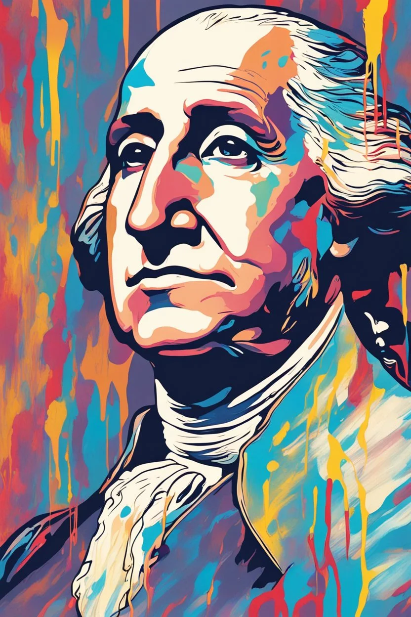 "Generate an artistic portrayal of George Washington's visage slowly melting, resembling paint trickling down a canvas, capturing the surreal transformation with vivid colors and fluid motion."