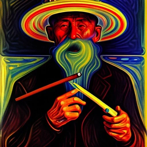 Portrait of OLd Fishermen wearing bucket hat and smoking wooden pipe by edvard munch 8k