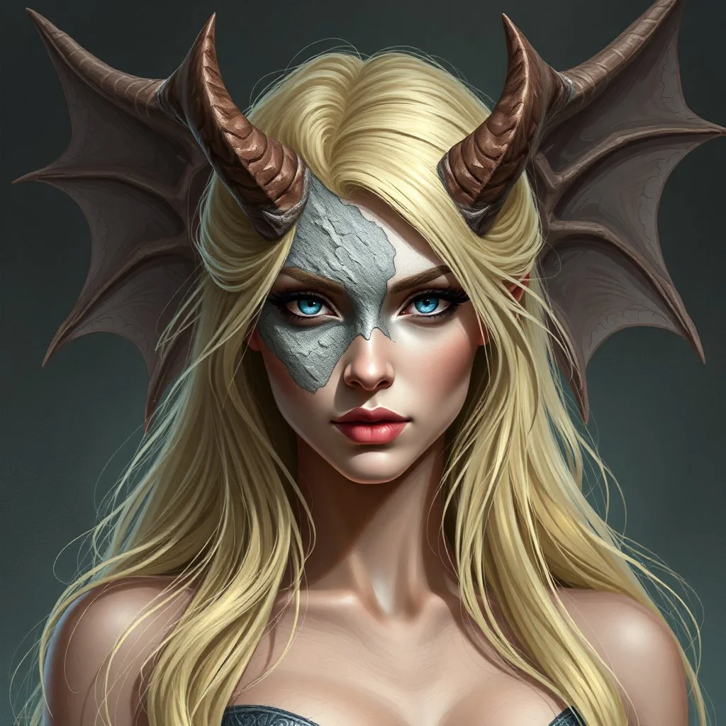 a blonde fantasy woman who is turning into a gargoyle, her face is partially stone, digital art, stylised