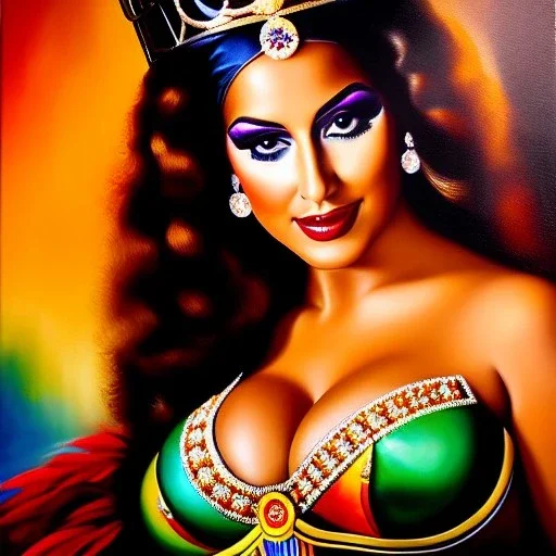 portrait of busty beautiful 'queen Carnival Rio de Janeiro', painting by simon Bisley , oil on canvas, cinematic composition, extreme detail,fit full head inside picture,8k