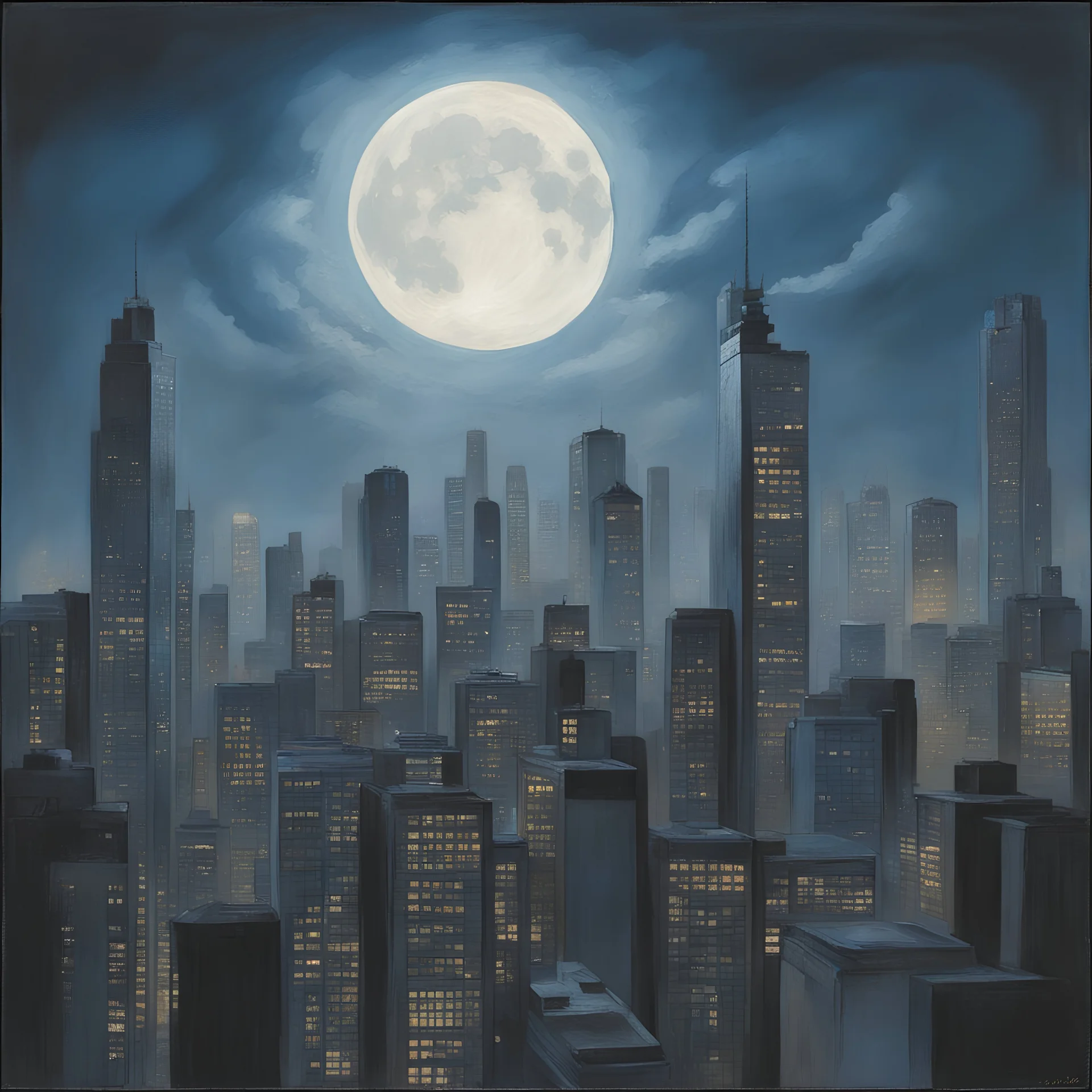 night, dark muted pale cloud lumened by bright moon, skyscrapers with white frequent square windows; shades of skyscraper windows: light blue, The roofs of skyscrapers are dark squares or illuminated with a dim blue border,