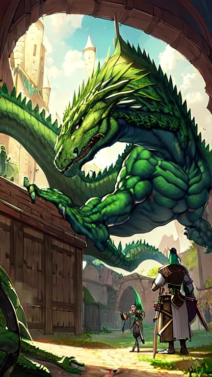 A green dragon over a medieval village