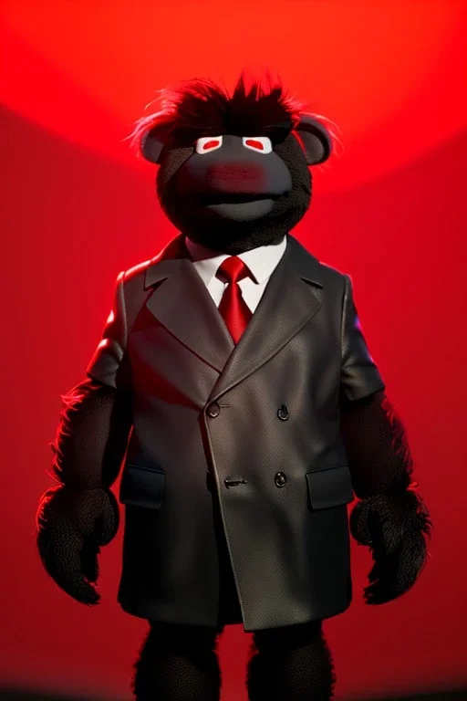 Waist up muppet Portrait, Kim Jong-un muppet doll, black suit, photo studio, red background, unreal engine 5, concept art, art station, god lights, ray tracing, RTX, lumen lighting, ultra detail, volumetric lighting, 3d.