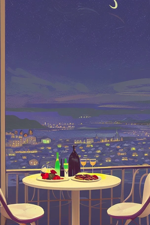 It's a starry night, with a luminous crescent moon, and from the balcony of an elegant luxury apartment, a view of a city with a hill and a river, lights in the windows of the houses. On the balcony, a dining table with a tray with a bird pattern, pizza and wine in starlight