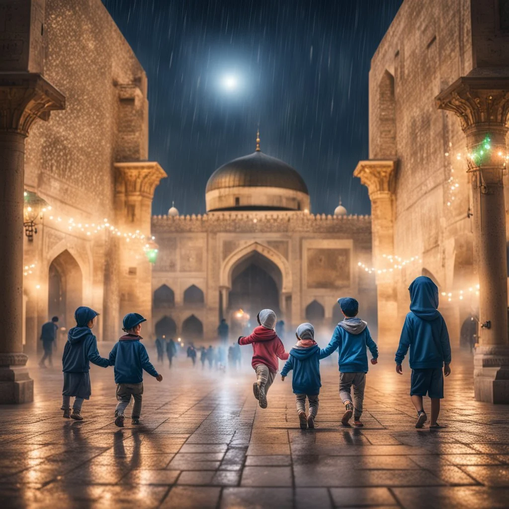 Hyper Realistic Children playing in Al-Aqsa Mosque with garland lights decorations at Rainy Night