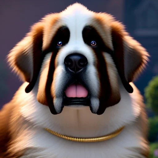 pixar style, volumetric summer garden environment and background, realistic painting of saint Bernard, looking excited, volumetric lighting, dramatic lighting, detailed digital painting, extreme dense and fine fur, anime, ornate, colour-washed colors, elegant, small minutiae, tiny features, particulars, centered, smooth, sharp focus, renderman gofur render, 8k, uhd, detailed eyes, realistic shaded volumetric lighting, sunlight caustics, backlight, centered camera view