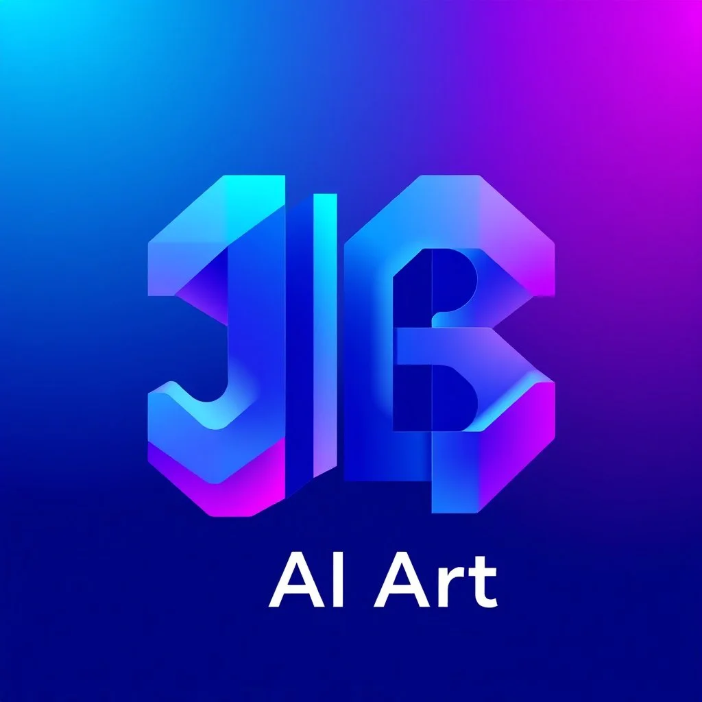 A bold, vibrant, and visually striking color graphic logo for 'JB AI Art' - an innovative AI-powered art and 3D graphics studio. The logo should feature a dynamic, eye-catching visual that combines the initials 'JB' in an abstract, stylized form. Utilize a vibrant, gradient color palette that seamlessly transitions between shades of blue, purple, and teal - evoking a sense of technological sophistication, creativity, and the boundless potential of AI-driven art and design. Incorporate geometric