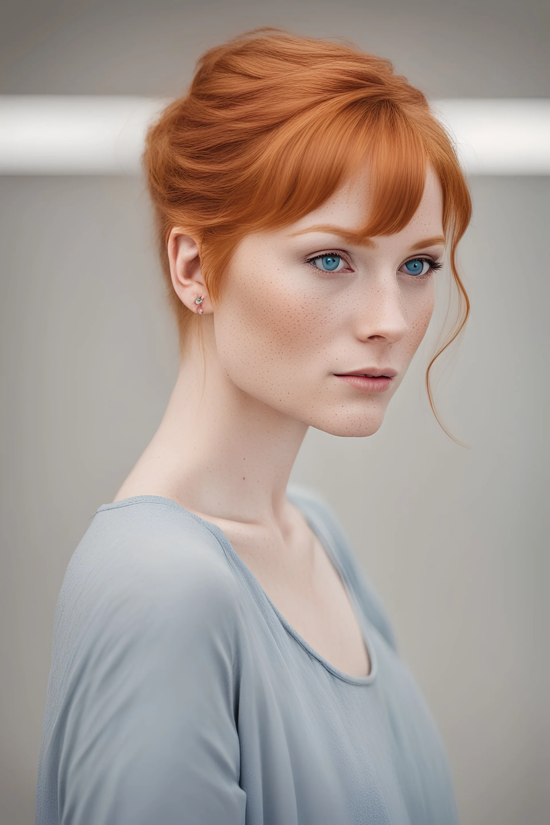 ginger haired young attractive woman with blue eyes & freckled skin. short ponytail hair with a side bang