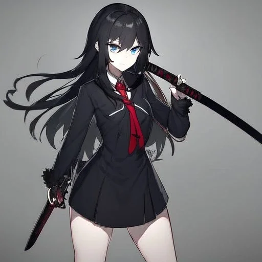 Clear focus, High resolution, long black fluffy hair, blue eyes, wearing a black sailor uniform, red tie, yandere, rough line sketch, dark aura, holding a katana, hair between eyes, 1girl, standing in grey sand, scary