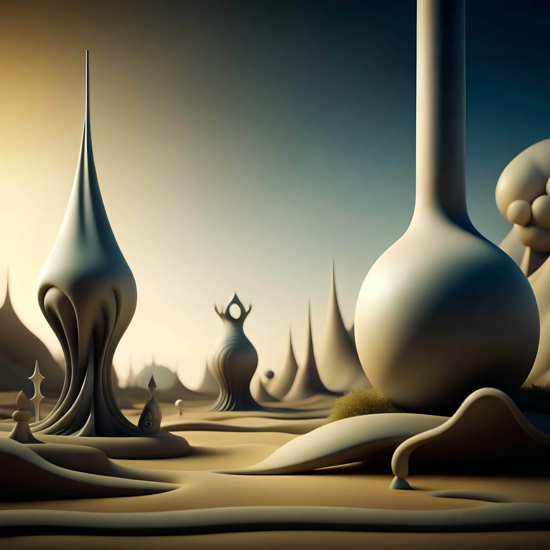 Abstract, sinuous, surreal, sharp forms, noon-light, Yves Tanguy, wasteland, shot on Hasselblad, 8k, 3d render, higly detailed, sharp focus