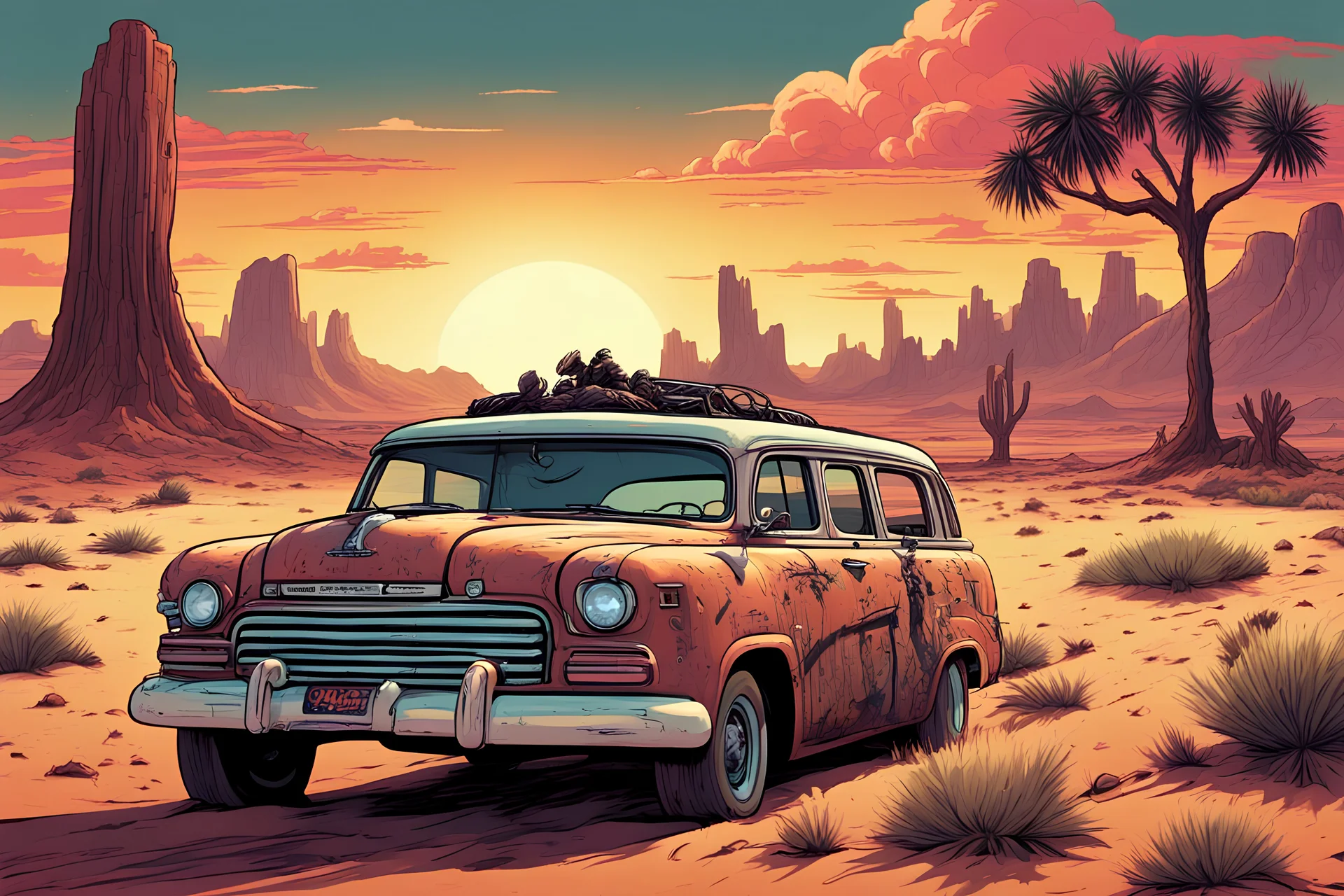 A retro Horror Comic style poster, of a post apocalyptic universe, in a prehistoric theme setting, in a past parallel universe, of a 1952 GMC suburban CaryAll type car, extreme color scheme, driving speeding down a desert wasteland, driving into the sunset, highly detailed digital art, highly detailed