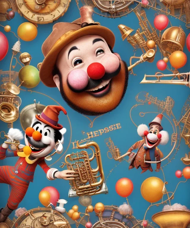 happy and funny old friendly clown with round head and trimmed beard playing jazz with a steampunk theme, trumpet on mouth, paintbrush and aisle, carnival, dreamy