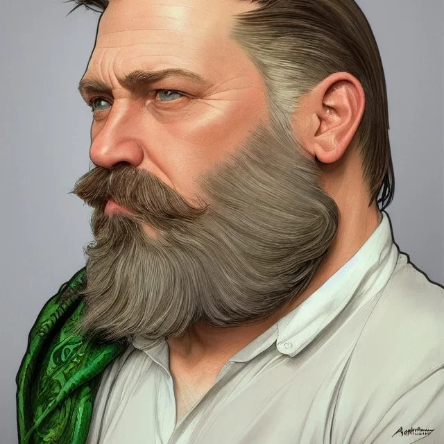 "MIddle aged white human male, with a trimmed but uneven beard, piercing green eyes with slick back hair head and shoulders portrait, 8k resolution concept art portrait by Greg Rutkowski, Artgerm, WLOP, Alphonse Mucha dynamic lighting hyperdetailed intricately detailed Splash art trending on Artstation triadic colors Unreal Engine 5 volumetric lighting Splash art fantasy"