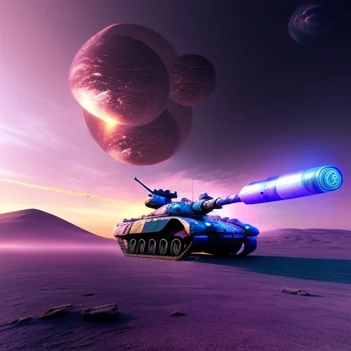 Futuristic armored tank rolling over a crater, purple sky