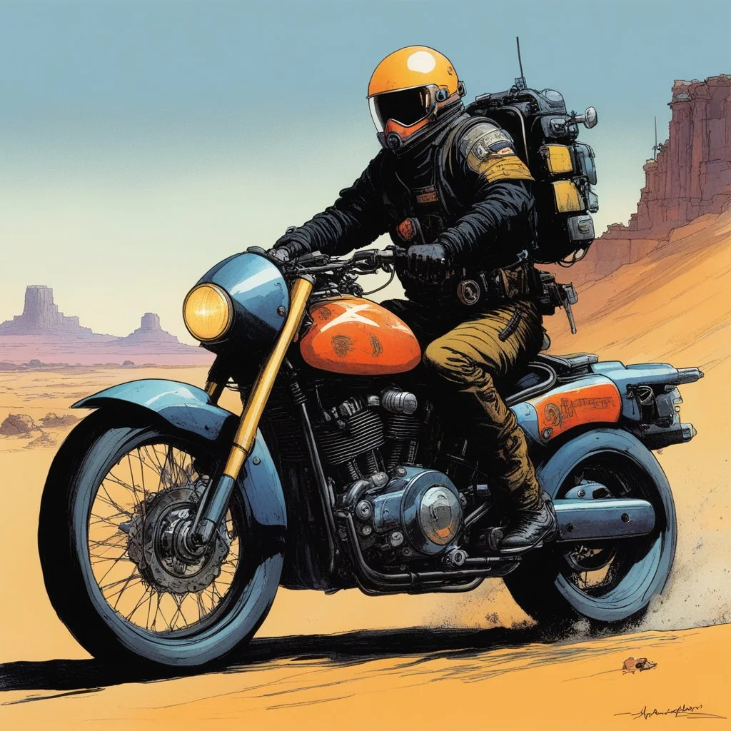 [sci-fi concept design by W. Heath Robinson] Dorohedoro rides a flashy cyberpunk style motorcycle with big engine and lights in the desert storm