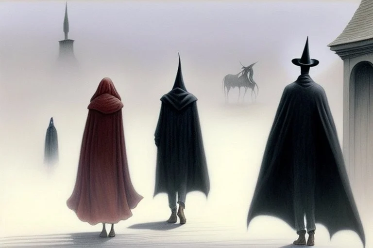 two people in capes seen from behind walking side by side in an empty foggy plain by artist "Leonora Carrington"