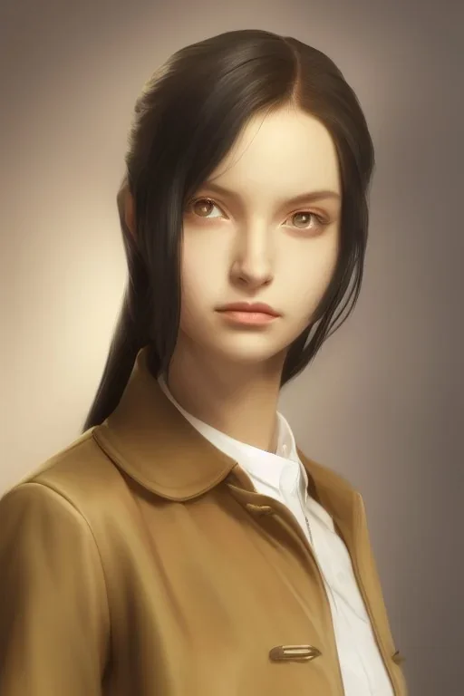 upper body portrait of a young girl from final fantasy live action, with short black hair and green eyes in a tan trenchcoat over a white shirt, award winning, masterpiece digital painting by greg rutkowski, alex grey, artstation, 4k wallpaper