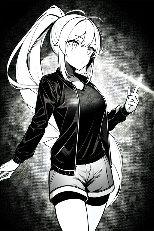 blonde girl with ponytails dressed in a jacket and shorts, dark corridor with a flashlight, greyscale