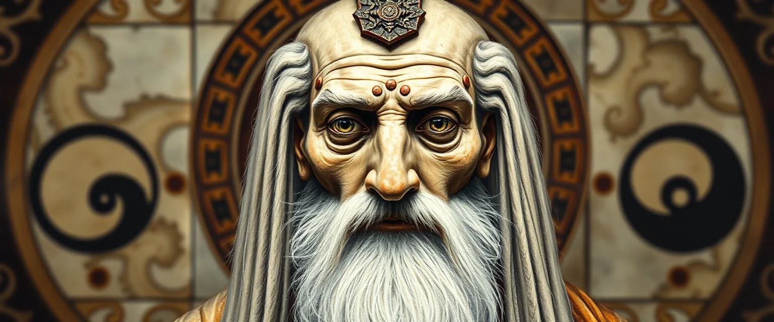 master oil painting by Rembrandt, realistic rendering Portrait of the Apkallu sage who were sent by the god Ea to teach civilization to humanity before the flood. They were depicted as half-human and half-fish or bird, and were associated with wisdom, magic, and culture. blurred tile yin yang pattern background, brightened edges to give a sense of depth