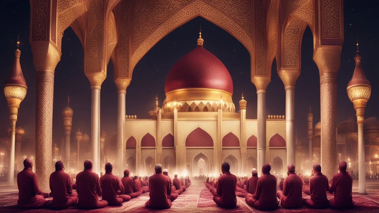 Hyper Realistic Photographic-View of lots of Muslim-Men praying inside a Huge-Beautifully-Crafted-Maroon-&-Golden Mosque with minarets & Ramadan-Light-Decorations-&-Lamps-&-a-water-fountain at beautiful-night with dramatic-&-Cinematic-Ambiance