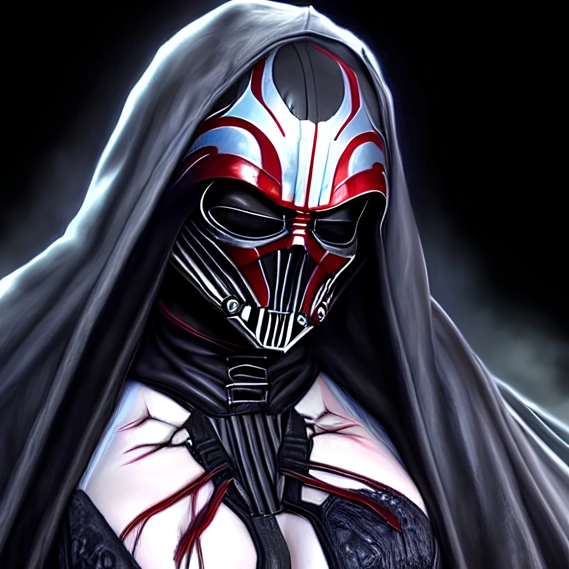 BloodborneDarthVader, lady, full-length, realistic detailed portrait painting, wide shot