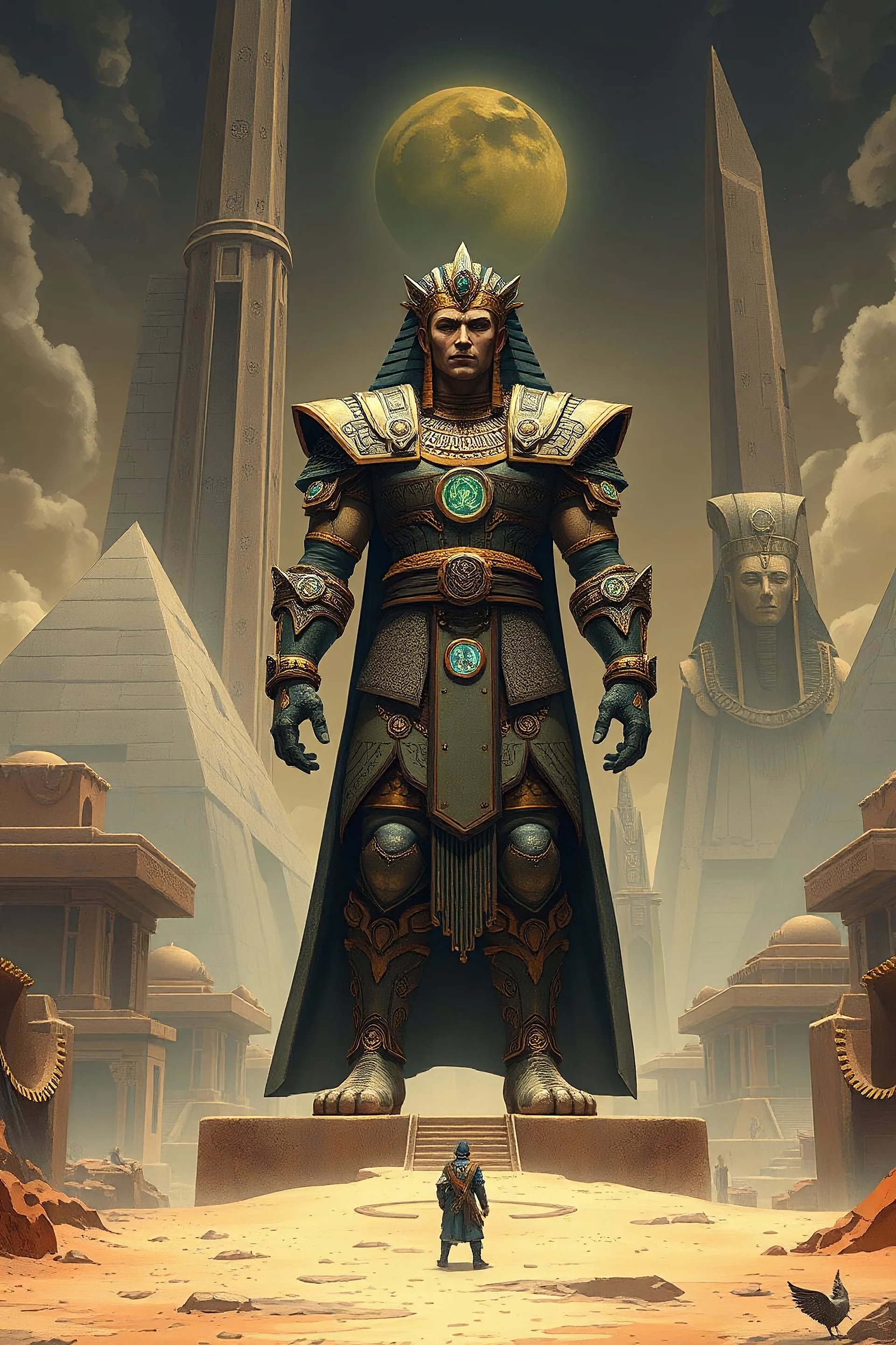 Create an awe-inspiring Illustration of an ancient Anunnaki master builder overseeing the construction of a grand, mysterious city. The figure, towering and majestic, is dressed in intricate, otherworldly armor, with cosmic symbols glowing faintly on his robes. Around him, massive stone structures rise from the ground, blending ancient technology with mystical elements. Surround the scene with colossal monuments, temples, and ziggurats, all designed with impossible precision. Ancient landscape.