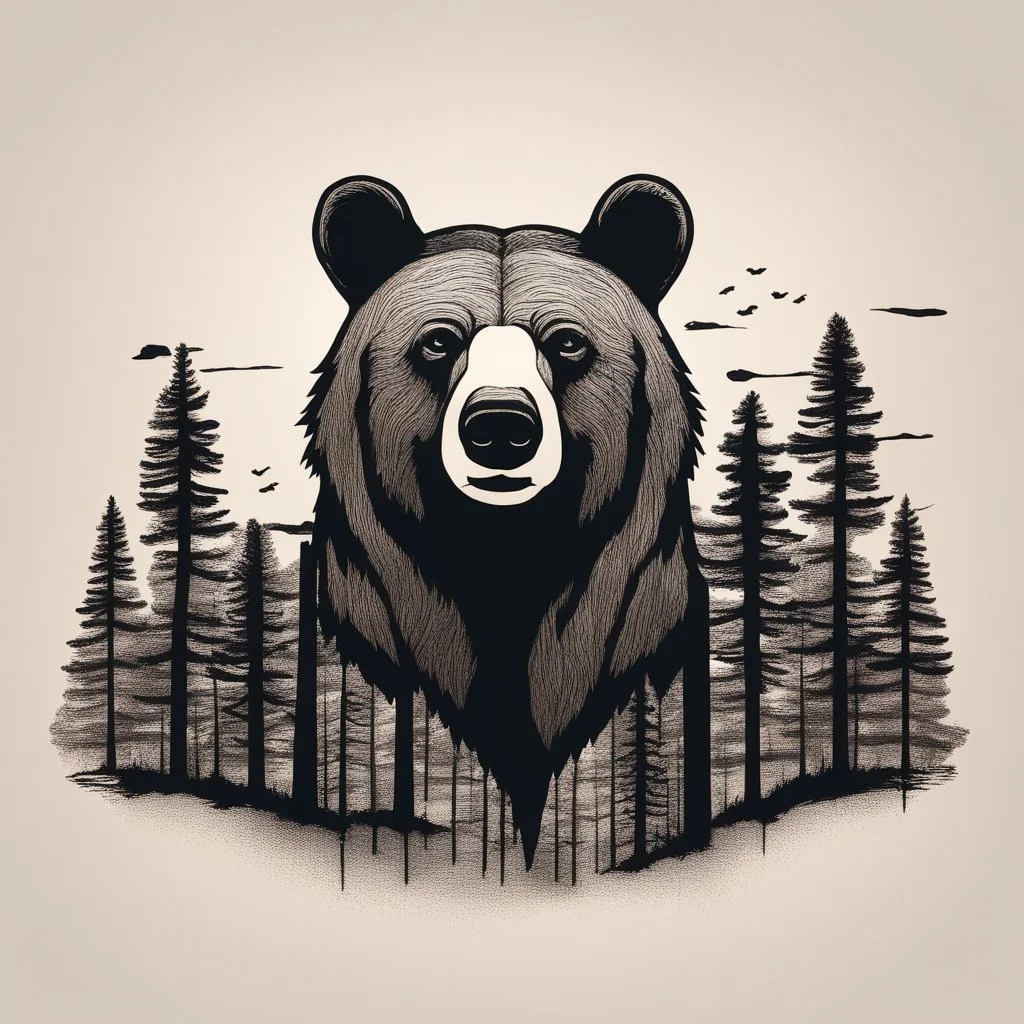 M shaped bear head combined with woods silhouette in backround, letterpress style, minimalistic pencil art