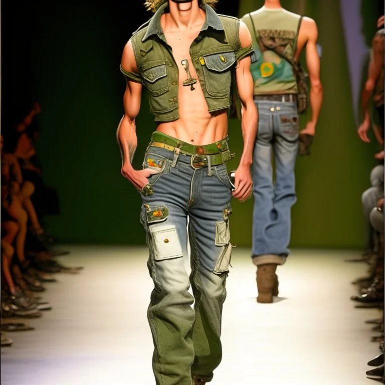 latin model catwalk wearing cargo jeans with patch jellow and green