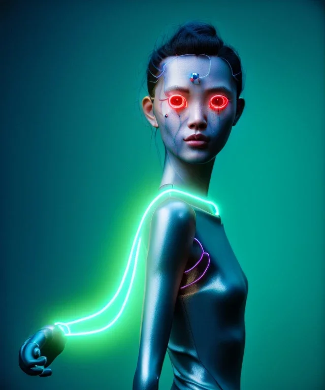 Ultra realistic photographic night portrait, cinematic, <Asian woman> many wires coming out of the head <perfect pupil><glow eye> <mechanic arm><garage> <wide angle><x rays machine>, hot, retro futuristic dress <Helmut newton photo style>, neon lights, color fog, soft color, highly detailed, unreal engine 5, ray tracing, RTX, lumen lighting, ultra detail, volumetric lighting, high definition.