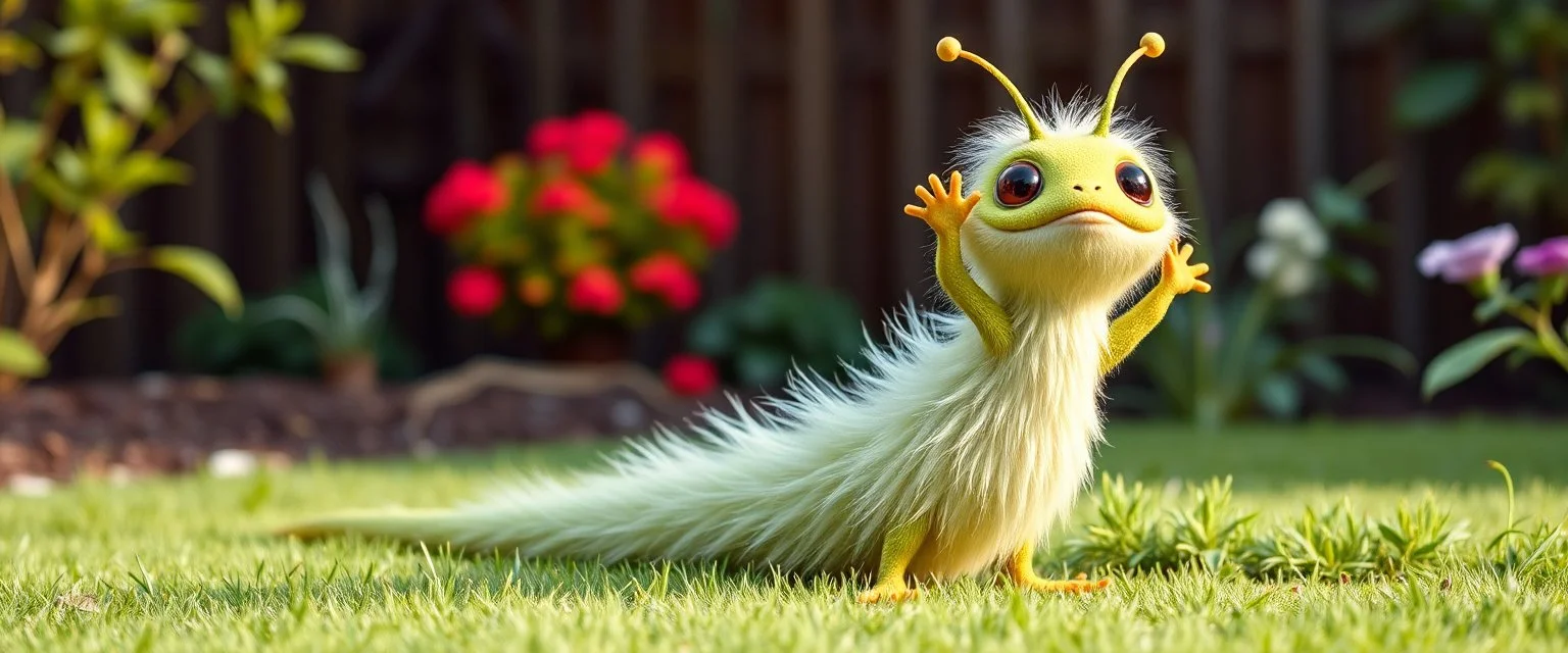 totally symmetric fluffy gremlin slug nice cheerleader in garden doing her thing full body portrait T-pose