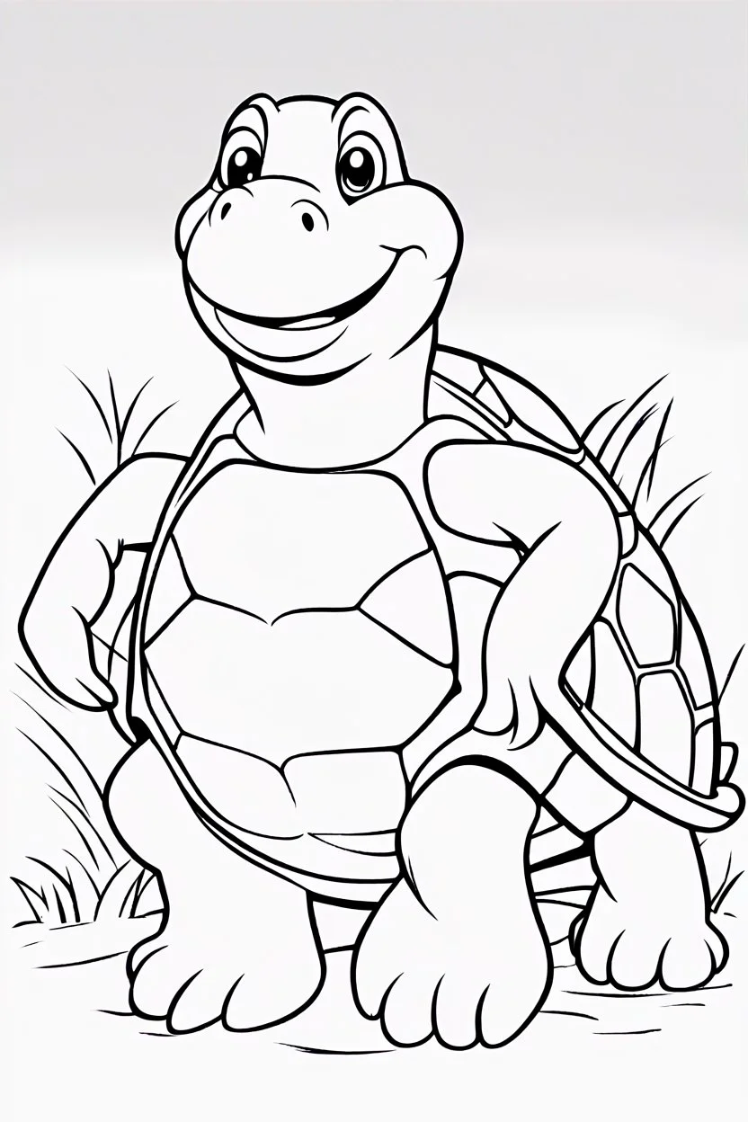 blank colouring book, white blank background, simple picture for toddlers, sweet and smilling turtle pet, disney and pixar style