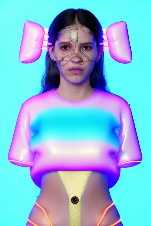 Ultra Realistic image, Rosalía artist, 40 years old, portrait, normal complexion, natural small busty, traditional little tattoo, two bows, little chopsticks hair ,black eye long liner, latex t-shirt and inflatable coat, gold pink and blue style, spray line glow make up, geometric led jewelry, fog, hot, inflatable style latex coat, vibrant color, highly detailed, art stations, concept art, smooth, unreal engine 5, god rays, ray tracing, RTX, lumen lighting, ultra detail, volumetric lighting.