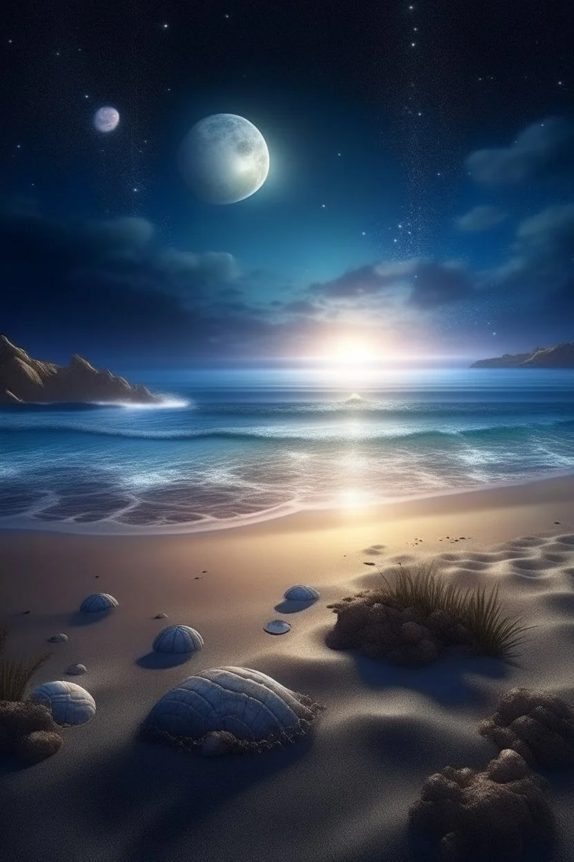 magic sea, beach with sand, shells, realistic, professional photo, 4k, top view, cosmic sky, stars, full moon