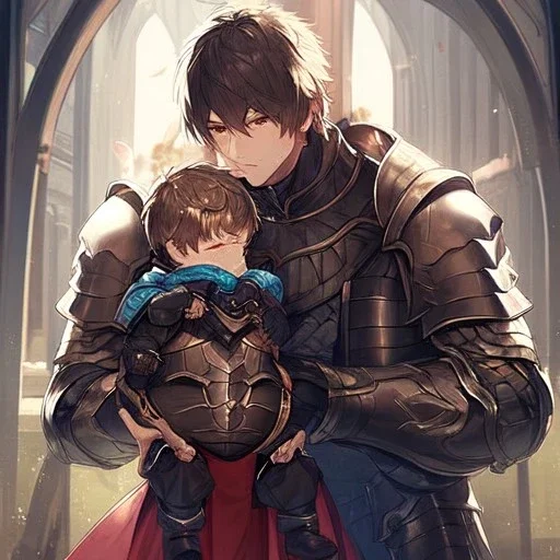 Boy wearing leather armor protecting wife and kid