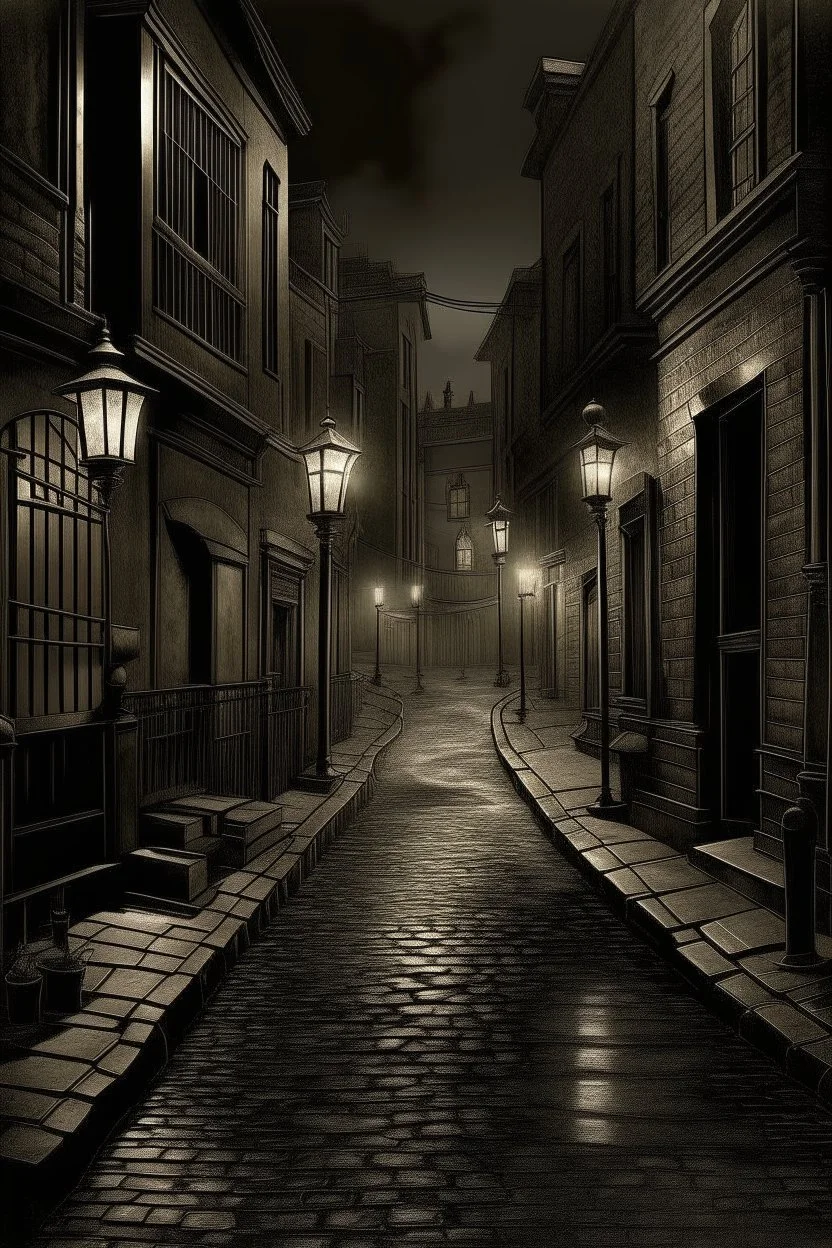 1890s city streets with muddy road and dark atmosphere oil lamps lighting up an alley party digital art