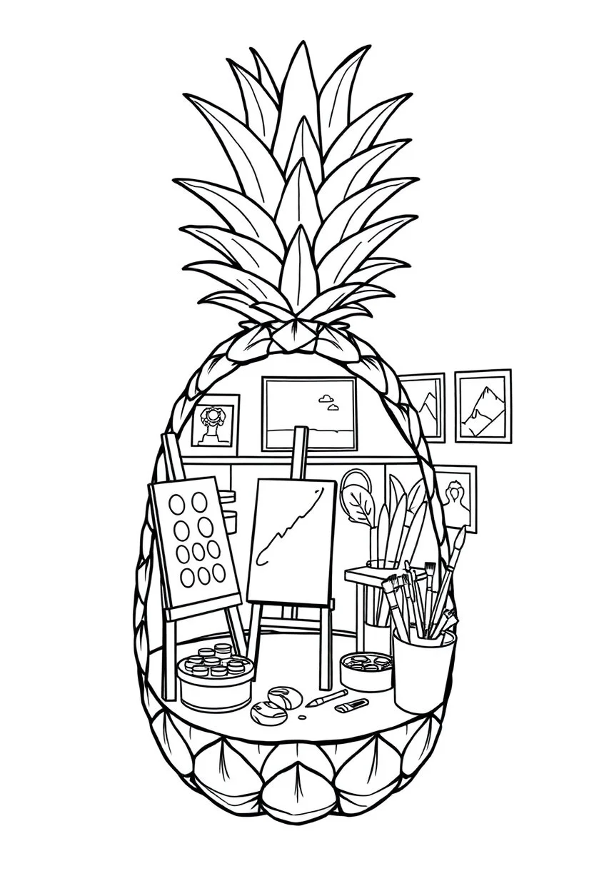 Pineapple Cozy Art Studio Coloring Page: A pineapple cross-section displaying an art studio. Features an easel, paint palettes, brushes, and artworks hung on the walls.