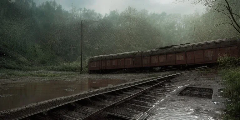 dragon fly, abandoned train of hogwarts on tracks overgrown by nature with large puddles of water flooding part of tracks, rain, fog, 8k resolution, high-quality, fine-detail, intricate, digital art, detailed matte, volumetric lighting, illustration, 3D octane render, brian froud, howard lyon, selina french, anna dittmann, annie stokes, lisa parker, greg rutowski