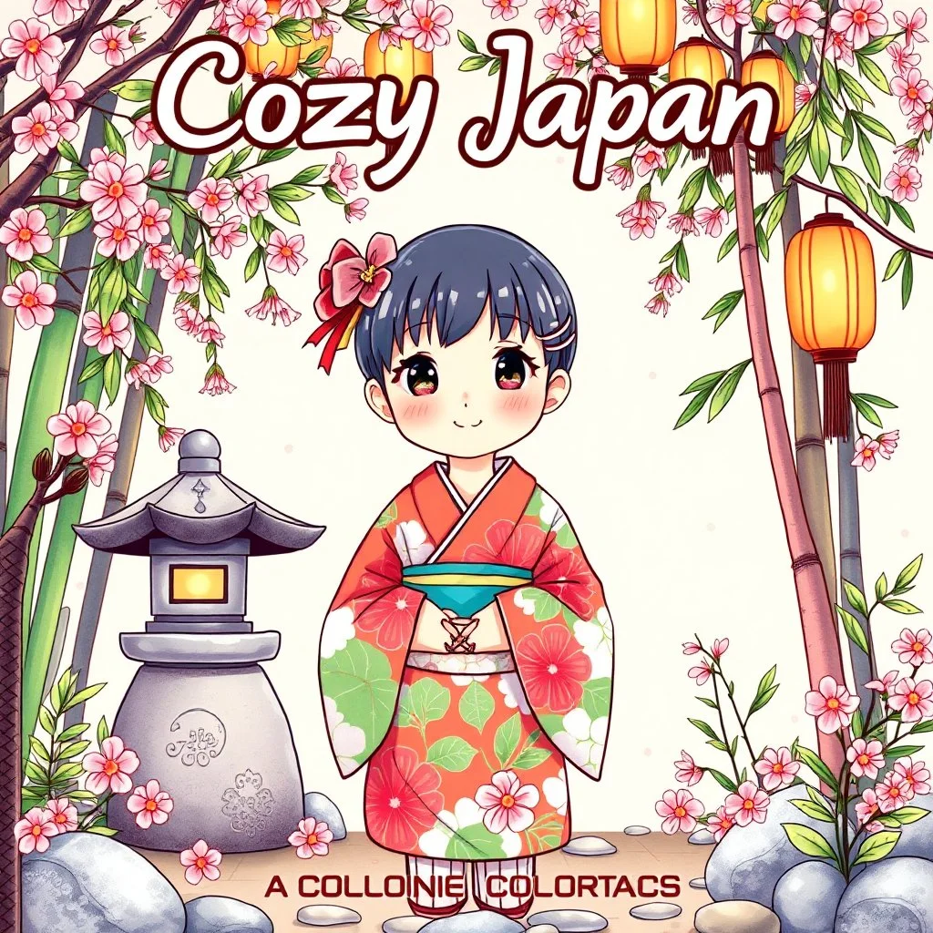 Create a book cover for Cozy Japan Coloring Book featuring a charming Japanese girl in a vibrant, floral yukata as the central figure. She is surrounded by cozy, peaceful elements of traditional Japanese scenery—such as falling cherry blossoms, a small stone lantern, bamboo groves, and paper lanterns softly glowing above her. The setting is tranquil and colorful, evoking a warm, inviting atmosphere of everyday Japanese charm. Illustration in vivid color style with delicate textures, soft lightin