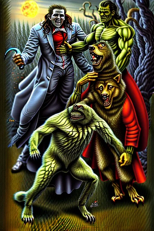 Frankenstein monster and the wolfman fighting each other as Dracula stands by and watches